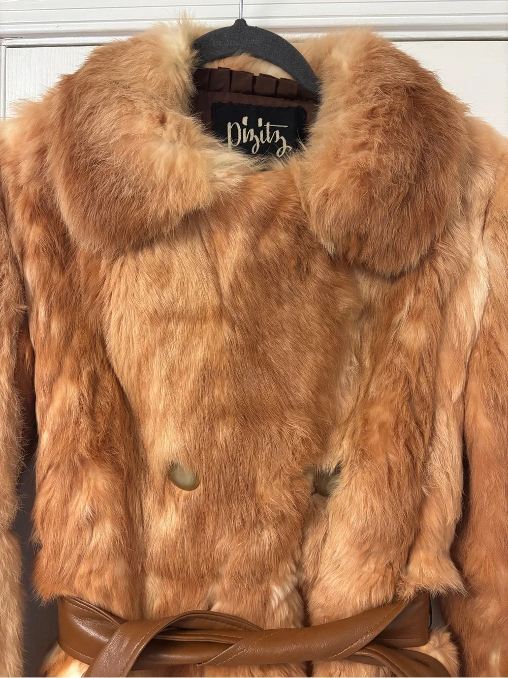 Vtg 70s Pizitz Real Rabbit Fur Caramel Brown Trench Belted Coat Jacket Size XS/S